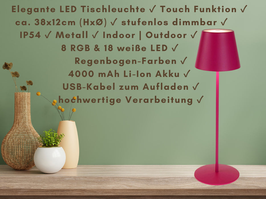 LED Touch RGB Tischlampe Ribe Magenta 38cm kabellos Tischleuchte Dimmer Outdoor