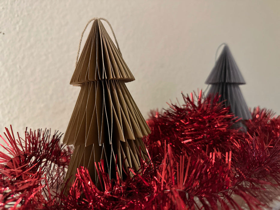 2x Papier Tannenbaum Grau Braun 15cm Set Deko-Anhänger Weihnachten Baumschmuck