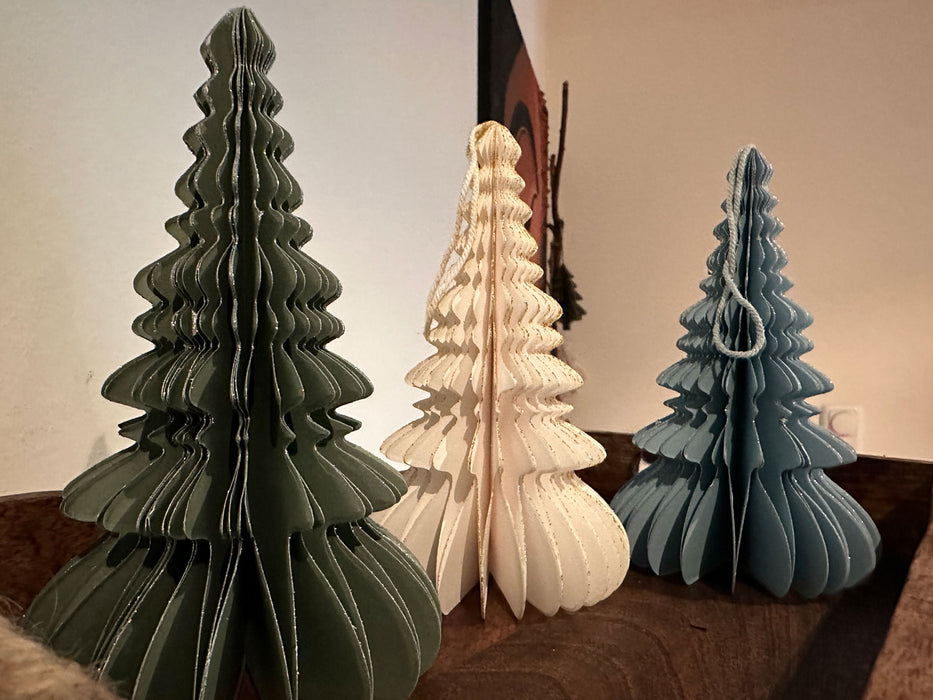 3x Papier Tannenbaum Grün Blau Weiß 15cm Deko-Anhänger Weihnachten Baumschmuck