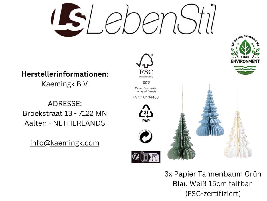 3x Papier Tannenbaum Grün Blau Weiß 15cm Deko-Anhänger Weihnachten Baumschmuck