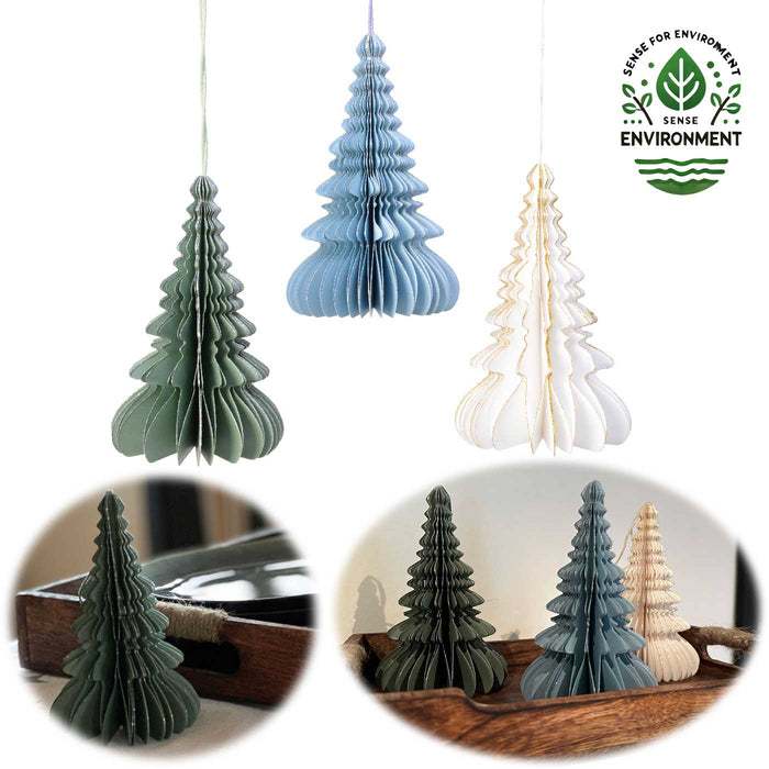 3x Papier Tannenbaum Grün Blau Weiß 15cm Deko-Anhänger Weihnachten Baumschmuck