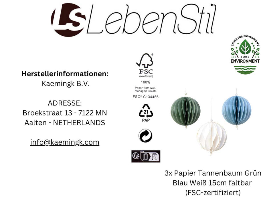 3x XL Papier Wabenball Grün Blau Weiß 15cm Deko-Anhänger Weihnachten Baumschmuck