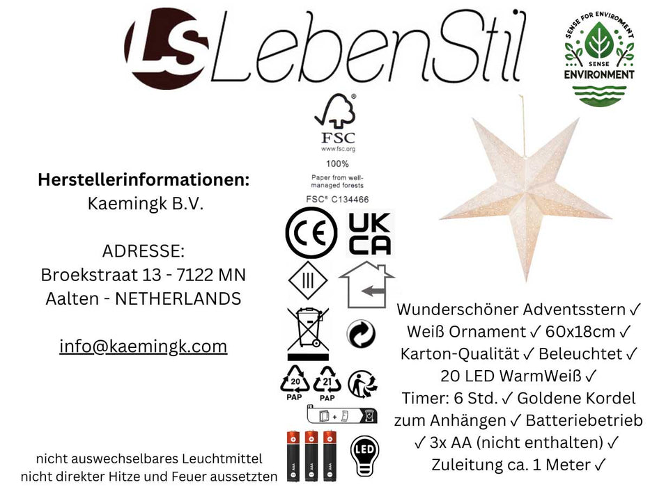 3D Leuchtstern Papierstern Ø 60cm Weiß Ornament 20 LED Beleuchtet Weihnachtsstern