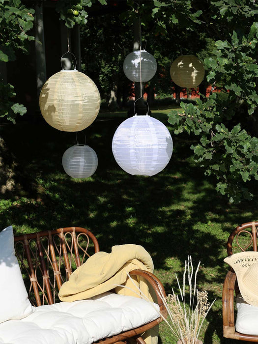 Design Solar LED Lampion Gelb 30cm Lichtsensor Nylon Gartenlaterne Hängelampe