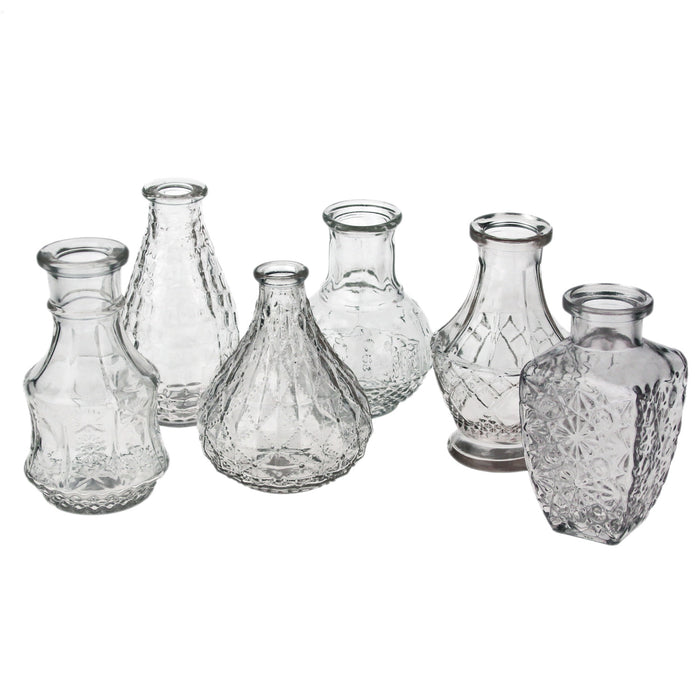 6x Retro Glas-Vase 11-15cm Klar Set Deko Tisch-Vase Blumenvase Väschen