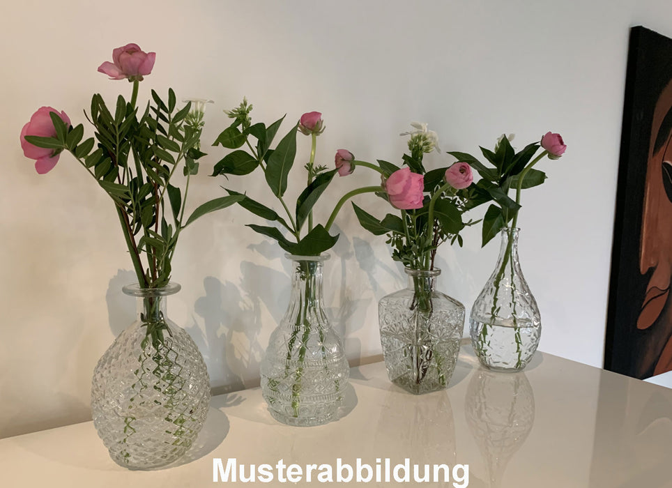 6x Retro Glas-Vase 11-15cm Klar Set Deko Tisch-Vase Blumenvase Väschen