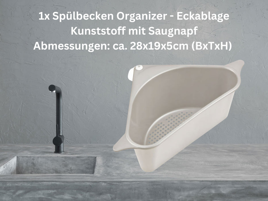 Spülbecken Organizer Dreieck Beige Abtropfsieb Schwammhalter Abflusskorb Saugnapf