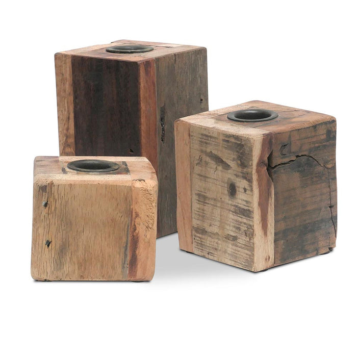 3er Set Holz Kerzenständer Dehli Fundholz Cube 6-13cm Kerzenhalter Stabkerzen