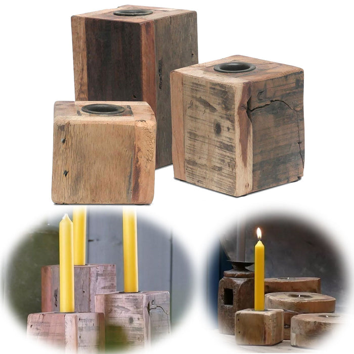 3er Set Holz Kerzenständer Dehli Fundholz Cube 6-13cm Kerzenhalter Stabkerzen