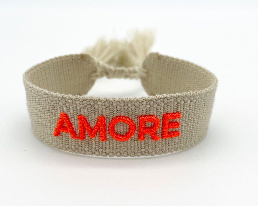 Canvas Statement Armband Amore ❤️ Beige besticktes Webarmband