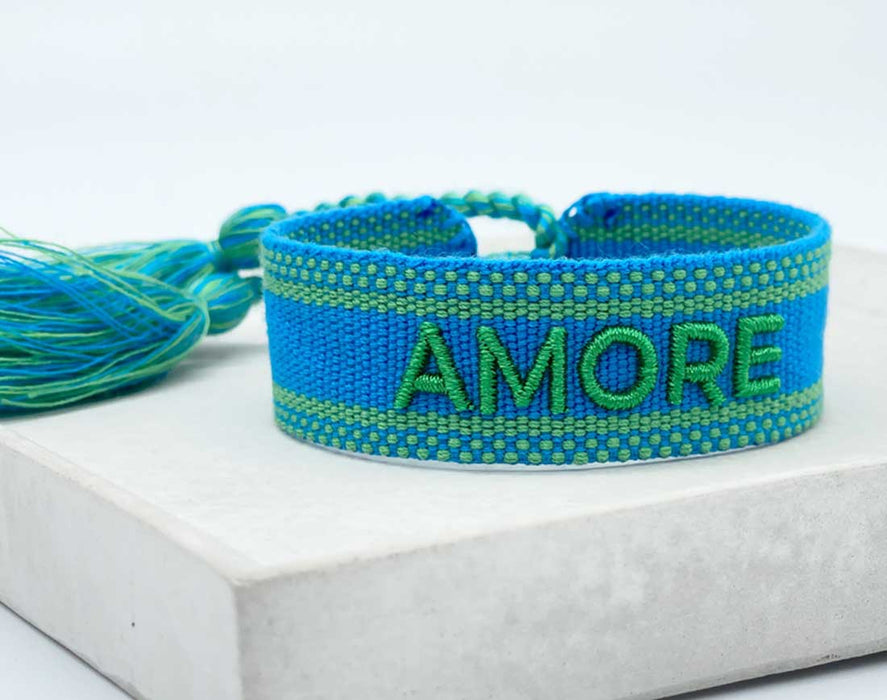 Canvas Statement Armband Amore ❤️ Blau Grün besticktes Webarmband