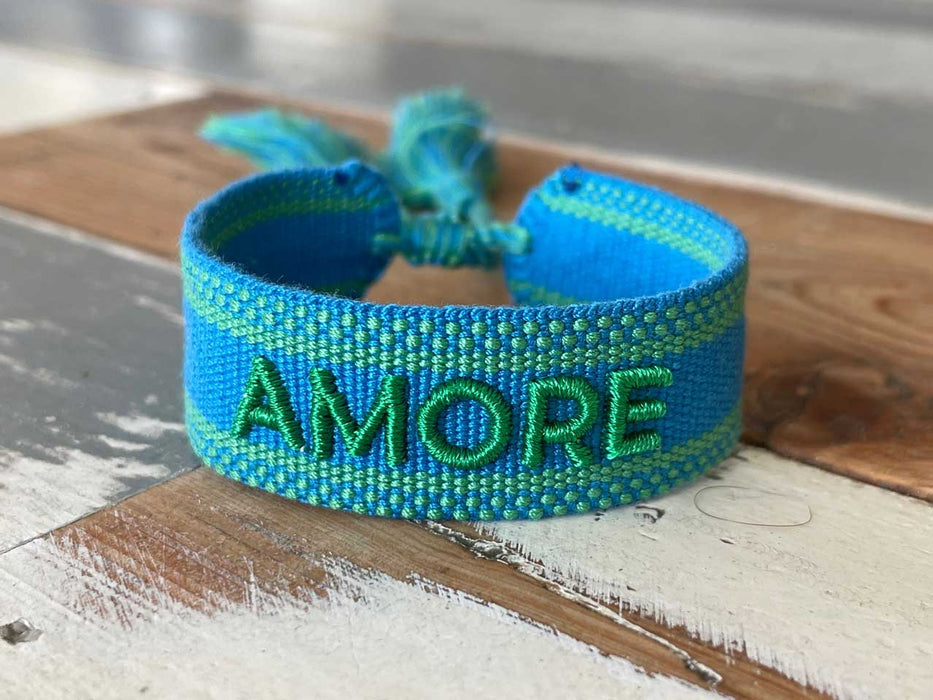 Canvas Statement Armband Amore ❤️ Blau Grün besticktes Webarmband