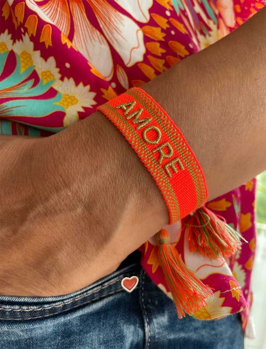 Canvas Statement Armband Amore ❤️ Neon Gold besticktes Webarmband