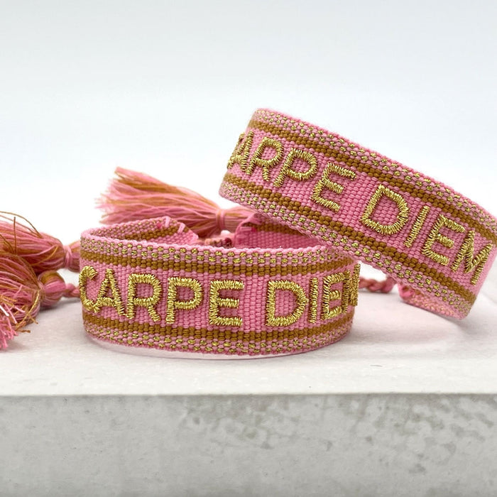 Canvas Statement Armband Carpe Diem Rose Gold besticktes Webarmband