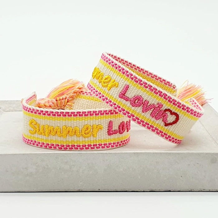 Canvas Statement Armband Summer Lovin Gelb Pink besticktes Webarmband