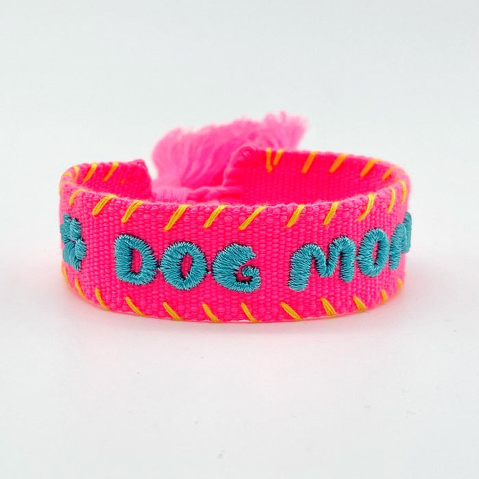 Canvas Statement Armband "Dog Mom Pfote" Bubble Pink Blau besticktes Webarmband