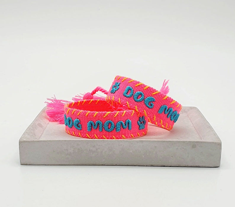 Canvas Statement Armband "Dog Mom Pfote" Bubble Pink Blau besticktes Webarmband