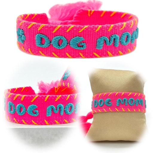 Canvas Statement Armband "Dog Mom Pfote" Bubble Pink Blau besticktes Webarmband