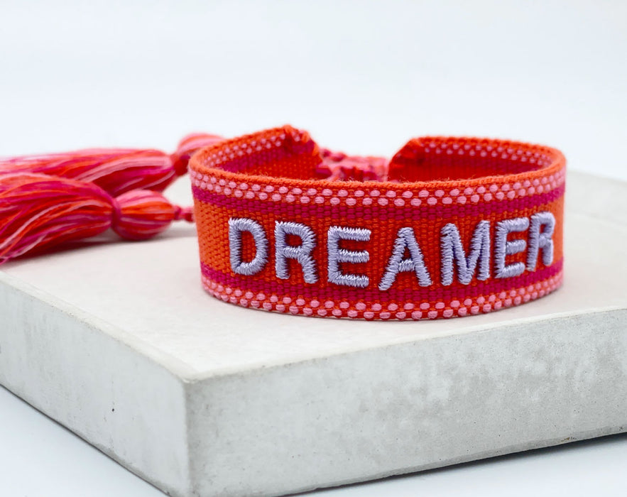 Canvas Statement Armband Dreamer Rot Grau besticktes Webarmband