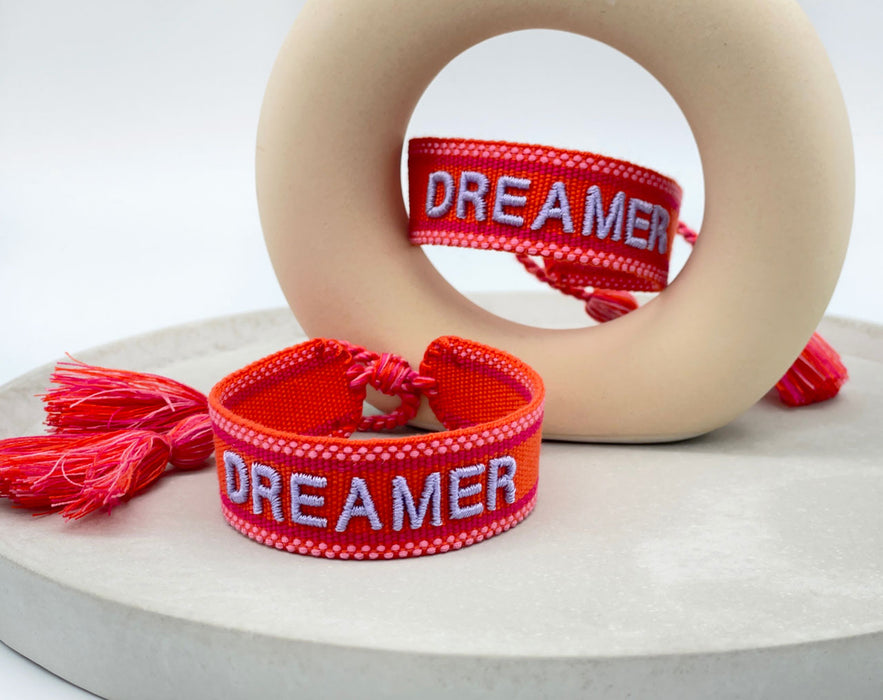 Canvas Statement Armband Dreamer Rot Grau besticktes Webarmband