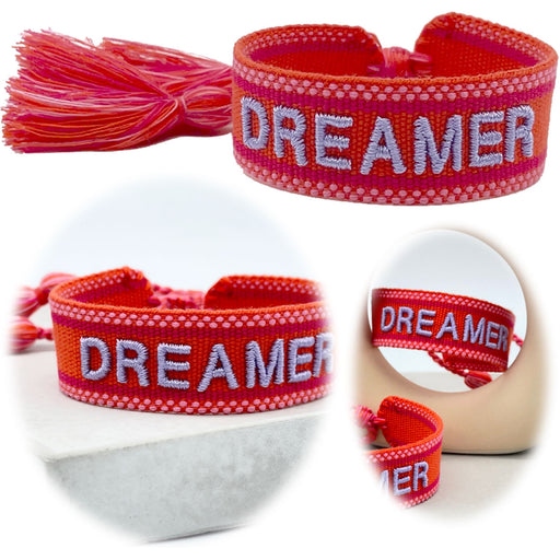 Canvas Statement Armband Dreamer Rot Grau besticktes Webarmband