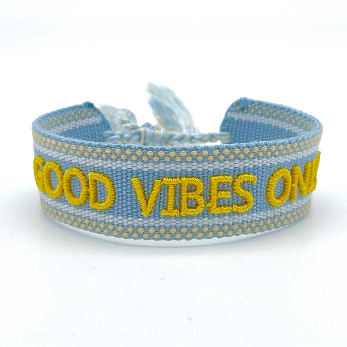 Canvas Statement Armband Good Vibes Blau besticktes Webarmband