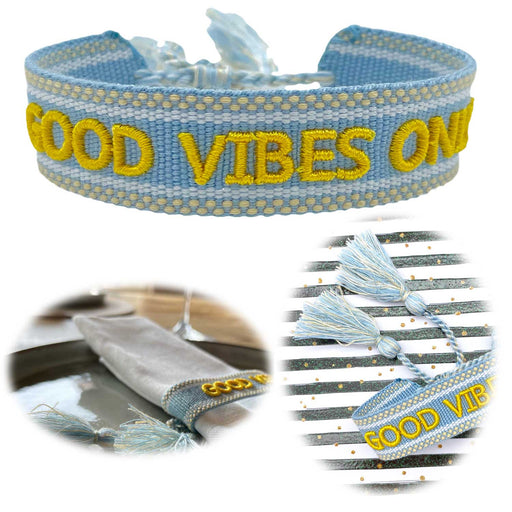 Canvas Statement Armband Good Vibes Blau besticktes Webarmband