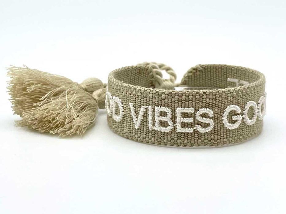 Canvas Statement Armband Good Vibes Good Life Beige Weiß besticktes Webarmband