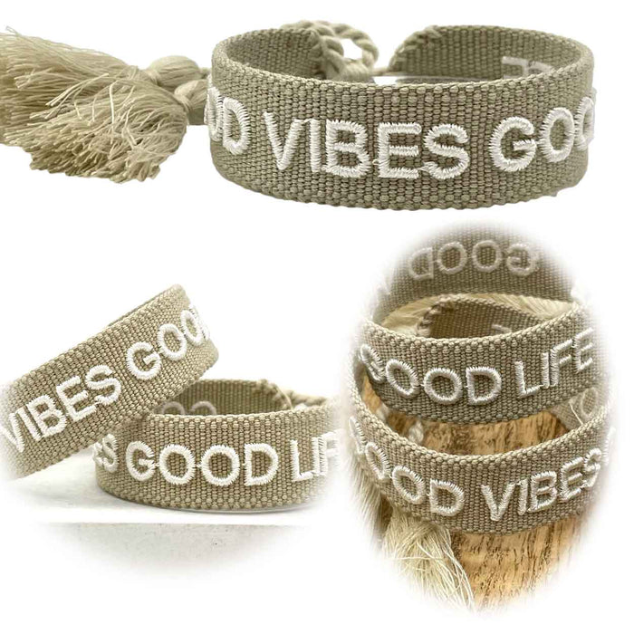 Canvas Statement Armband Good Vibes Good Life Beige Weiß besticktes Webarmband