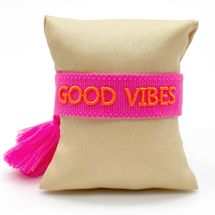 Canvas Statement Armband Good Vibes Neon Pink Orange besticktes Webarmband