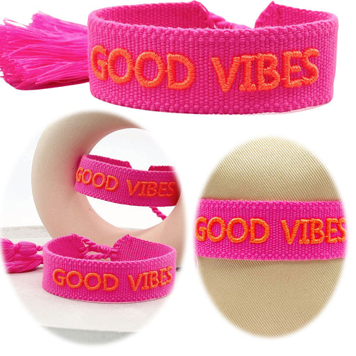 Canvas Statement Armband Good Vibes Neon Pink Orange besticktes Webarmband