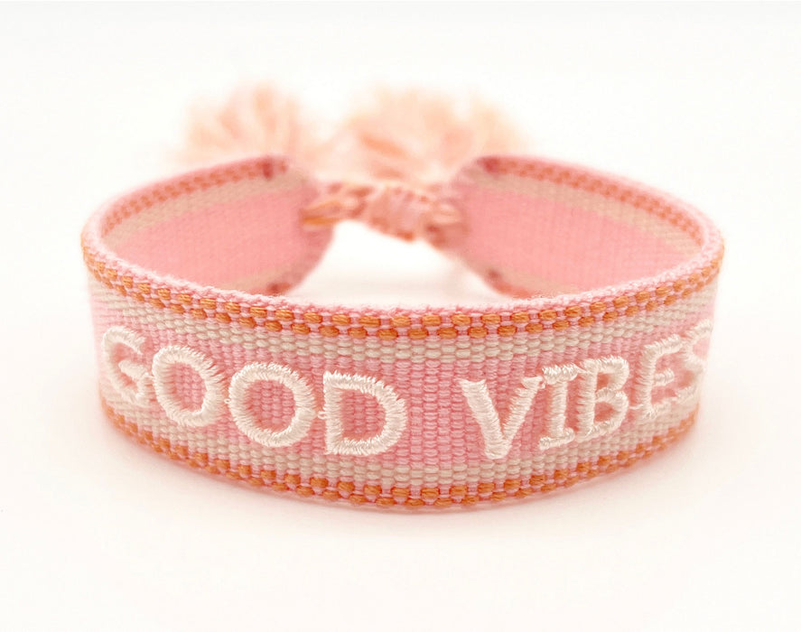 Canvas Statement Armband Good Vibes Rosa Weiß besticktes Webarmband