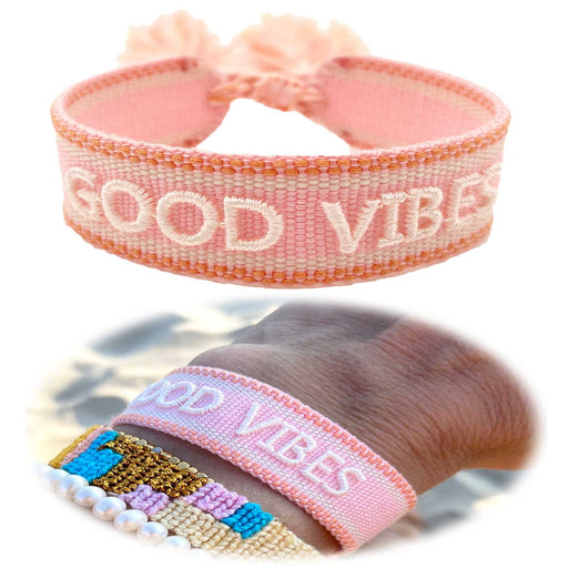 Canvas Statement Armband Good Vibes Rosa Weiß besticktes Webarmband