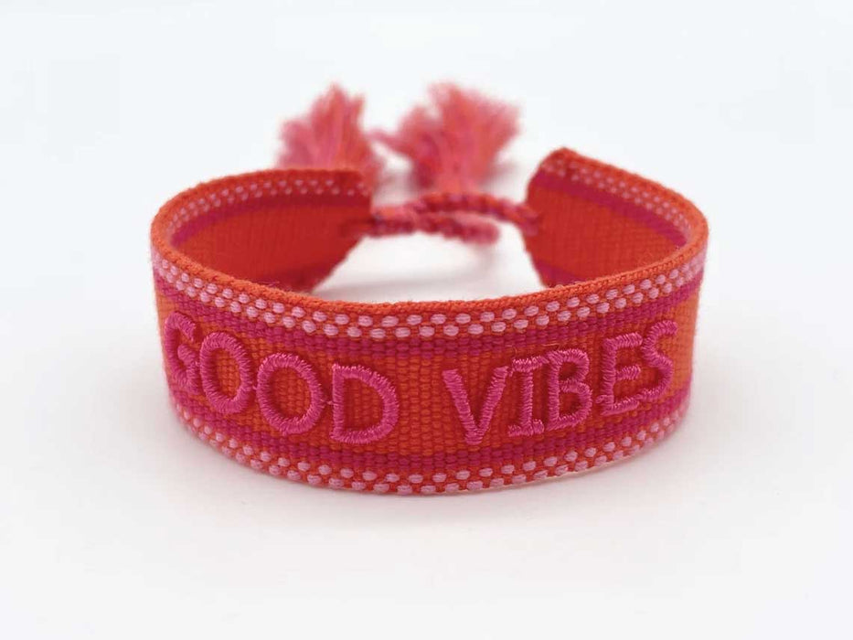 Canvas Statement Armband Good Vibes Rot besticktes Webarmband