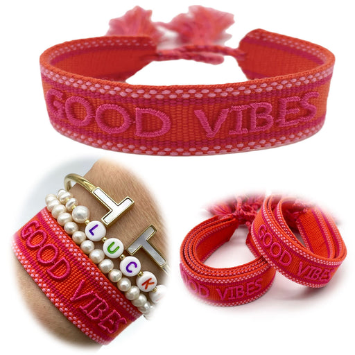 Canvas Statement Armband Good Vibes Rot besticktes Webarmband