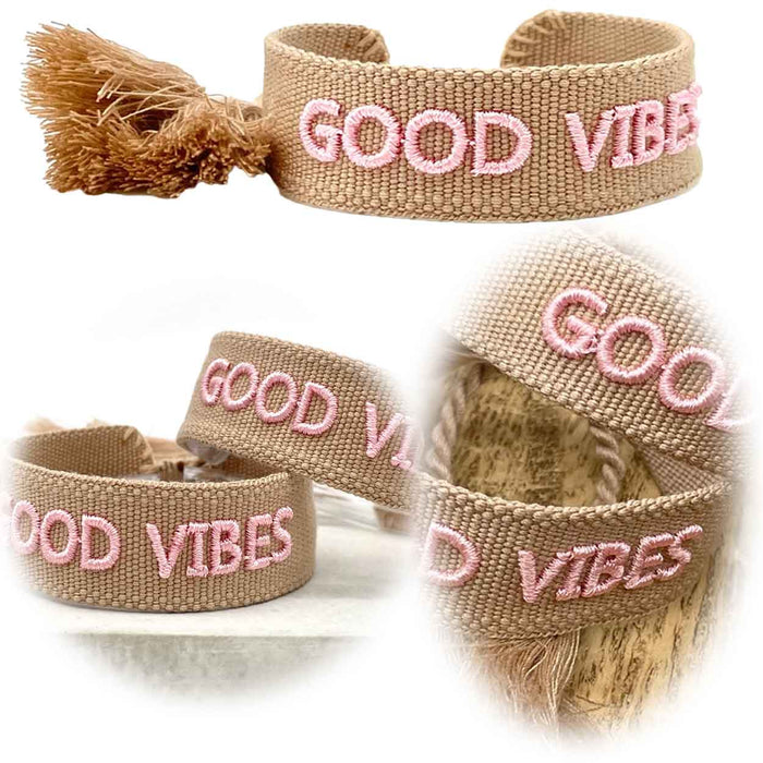 Canvas Statement Armband Good Vibes Braun / Taupe Rose besticktes Webarmband