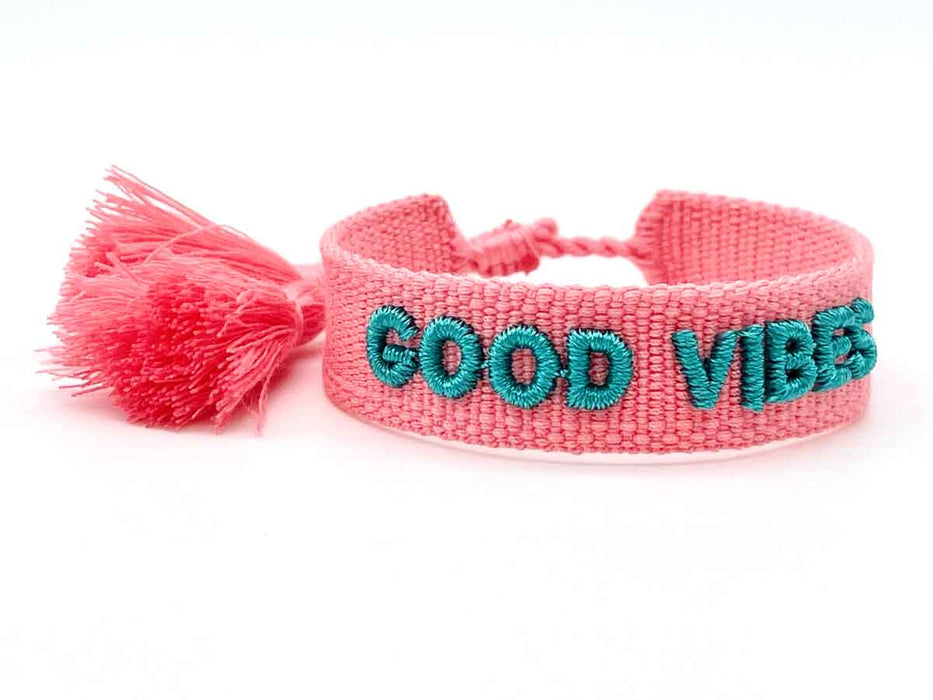 Canvas Statement Armband Good Vibes Small Rosa Pink Türkis besticktes Webarmband