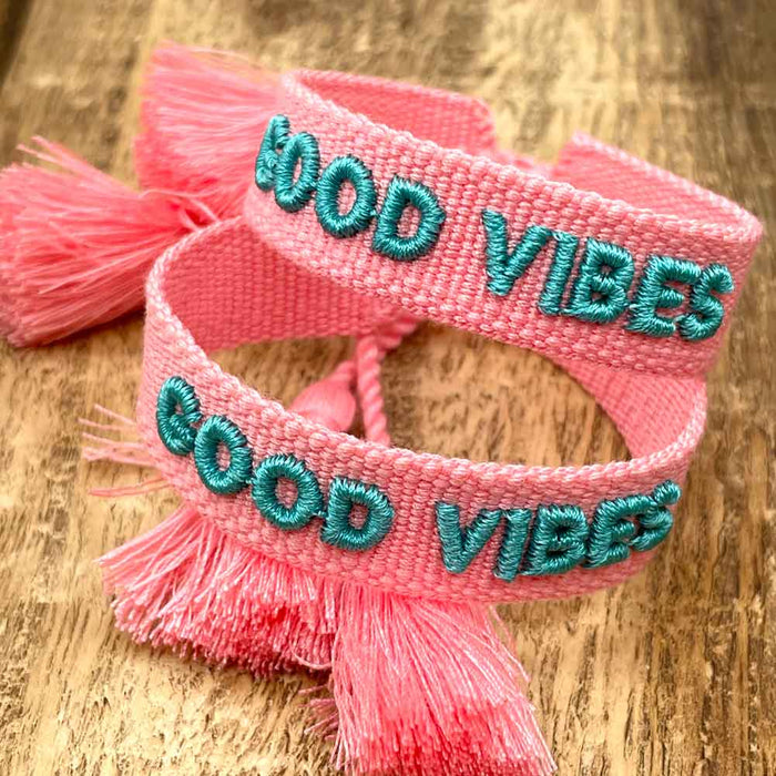 Canvas Statement Armband Good Vibes Small Rosa Pink Türkis besticktes Webarmband