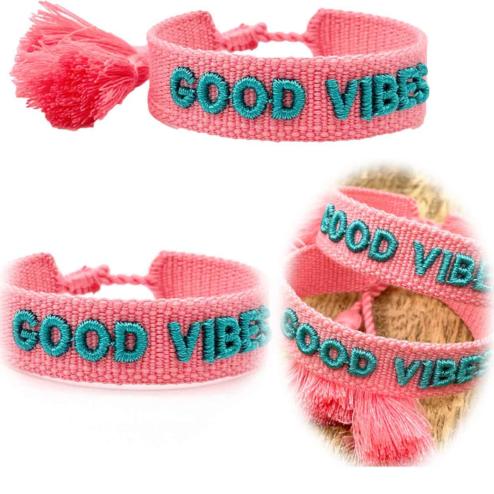 Canvas Statement Armband Good Vibes Small Rosa Pink Türkis besticktes Webarmband