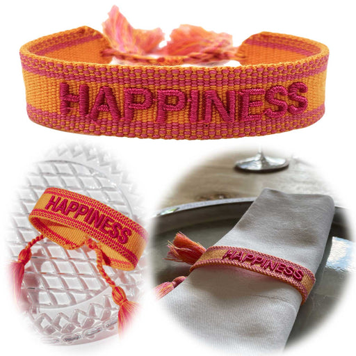 Canvas Statement Armband Happiness Gelb Pink besticktes Webarmband