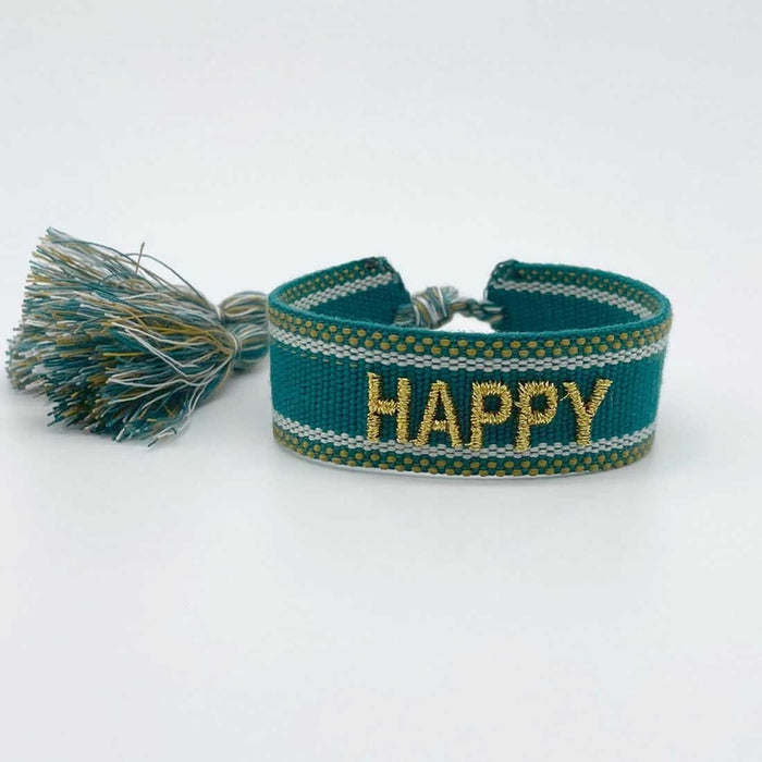 Canvas Statement Armband Happy Petrol Grün Gold besticktes Webarmband