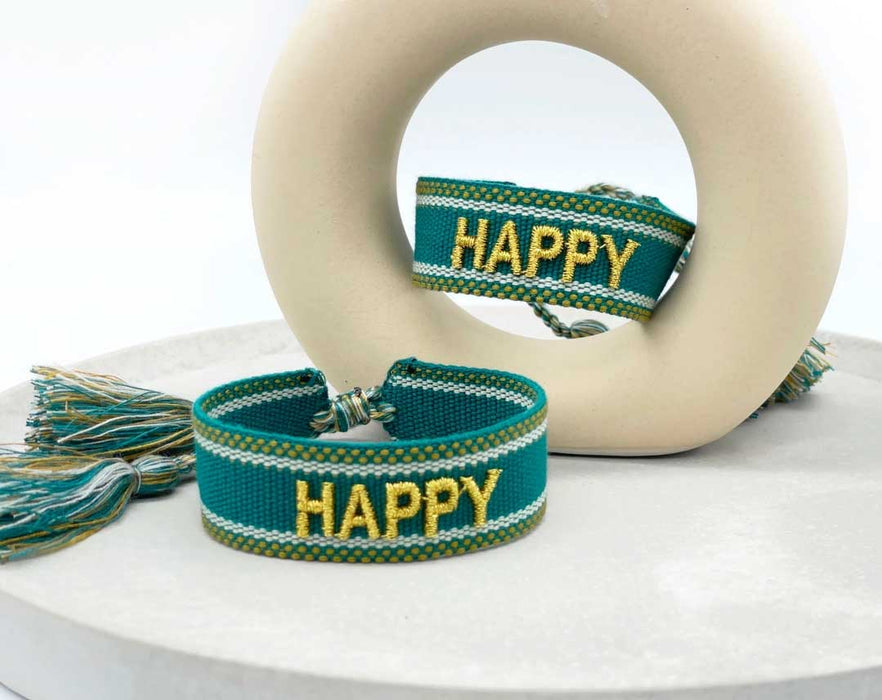 Canvas Statement Armband Happy Petrol Grün Gold besticktes Webarmband