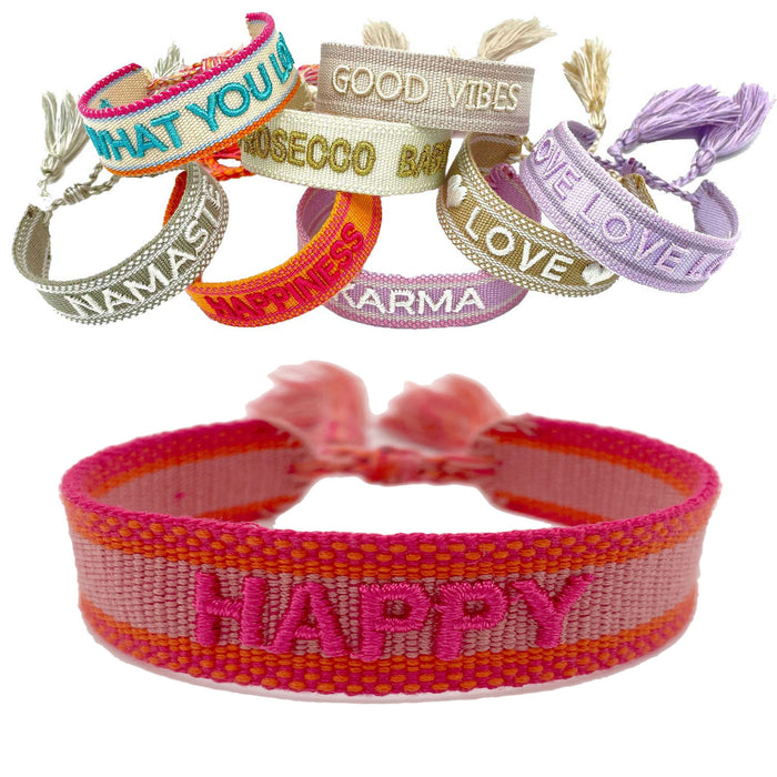 Canvas Statement Armband Happy Rot Pink besticktes Webarmband