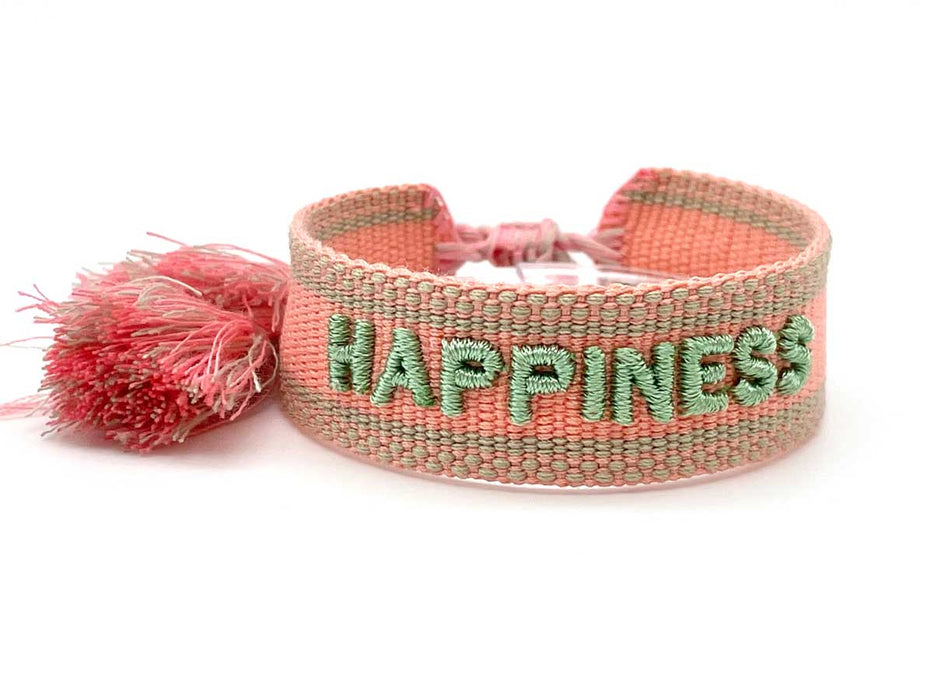 Canvas Statement Armband Happiness Lache Sage Grün besticktes Webarmband