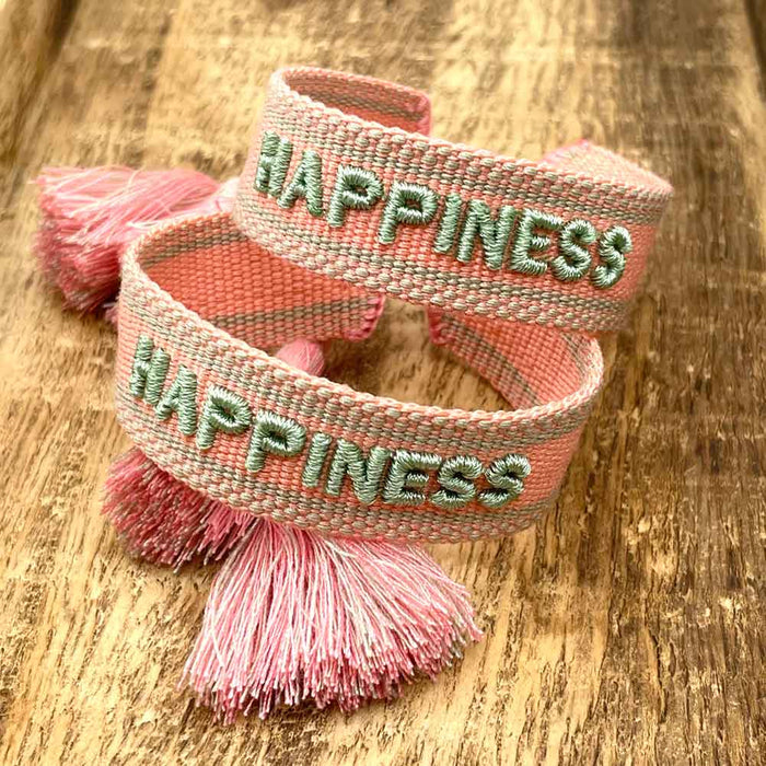 Canvas Statement Armband Happiness Lache Sage Grün besticktes Webarmband