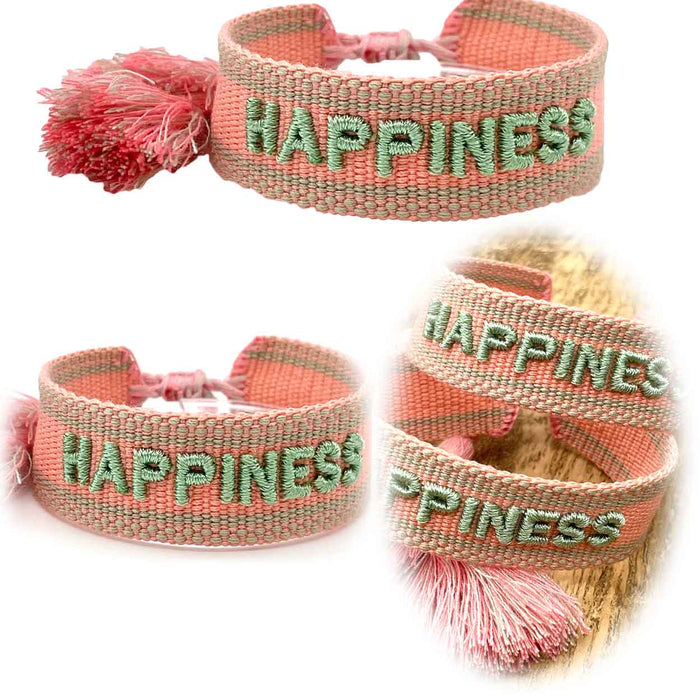 Canvas Statement Armband Happiness Lache Sage Grün besticktes Webarmband