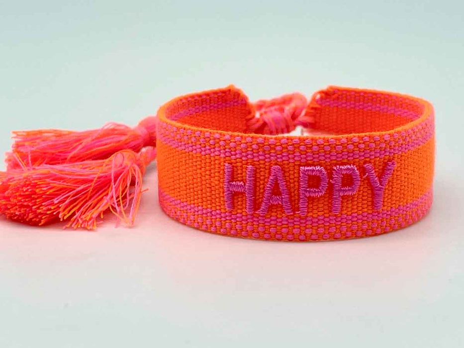 Canvas Statement Armband Happy Neon Orange Pink besticktes Webarmband