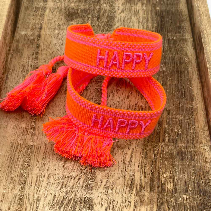 Canvas Statement Armband Happy Neon Orange Pink besticktes Webarmband