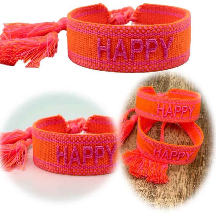 Canvas Statement Armband Happy Neon Orange Pink besticktes Webarmband