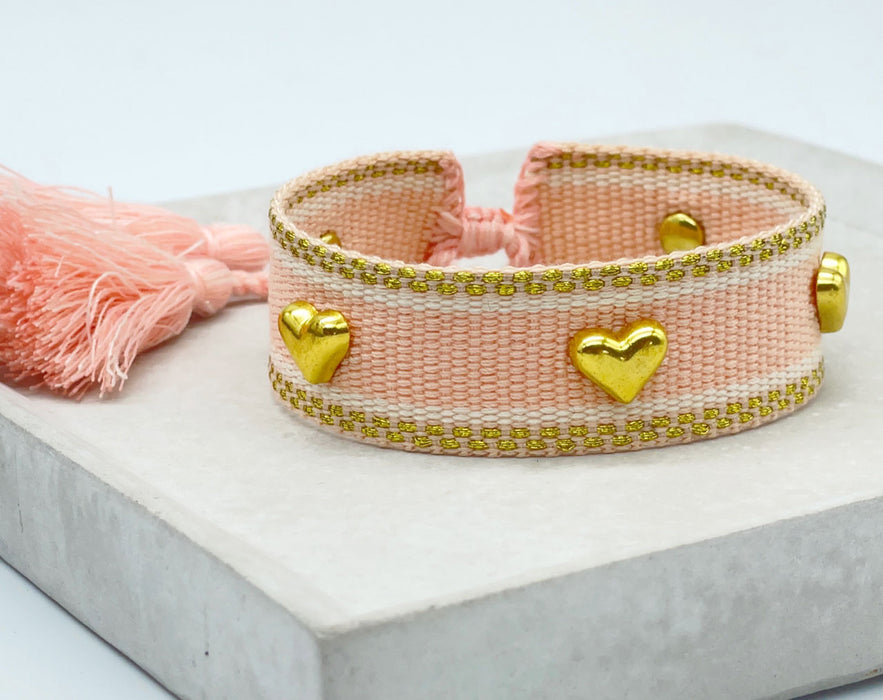 Canvas Statement Armband ❤️ Herzen ❤️ Peach Rosa Gold besticktes Webarmband